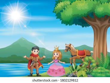 illustration of a prince and princess by the river