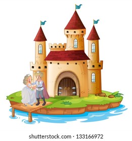 Illustration of a prince and a princess in front of the castle on a white background