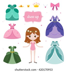 Illustration of princess with beautiful set. Princess dress up game.