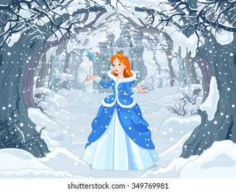 Illustration of princess with bird close to Magic Winter Castle