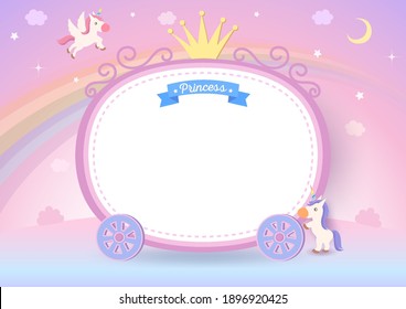 Illustration of princess cart frame with unicorns on pastel rainbow background.