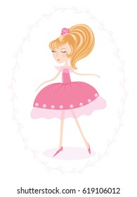 Illustration with a princess girl in a beautiful pink dress with a rose in her hair.Vector illustration.