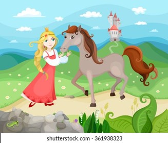 illustration with princess, horse and castle