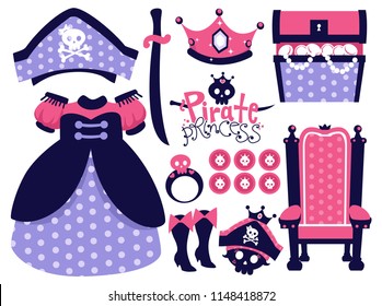 Illustration von Geburtstagselementen der Prinzessin Pirate aus Gown, Hut, Throne, Schwert, Krone, Stiefel, Ring, Schatztruhe