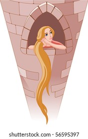 Illustration of princess Rapunzel in tower waiting for Prince