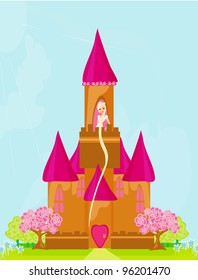 Illustration of princess  in tower waiting for Prince