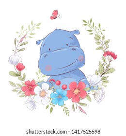 Illustration of a print for the children s room clothes cute hippo in a wreath of red, white and blue flowers.