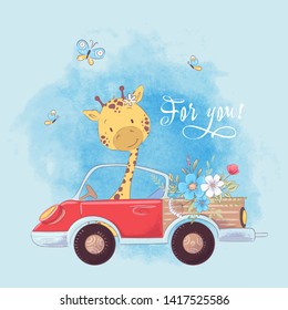 Illustration of a print for the children's room clothes cute giraffe on the truck with flowers.