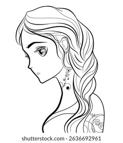 Illustration print of coloring pages for girl in anime style on a white background. Vector illustration