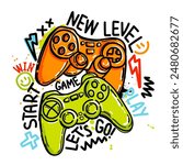 Illustration print for t-shirt with colourful joystick game and graffiti words. Colorful cool Background for boys