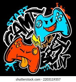 Illustrationsdruck für T-Shirt mit bunten Joystick-Spielen und Graffiti-Wörtern. Hintergrund für Jungen.