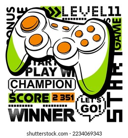 Illustration print for t-shirt with colourful  joystick game and graffiti words. Background for boys.