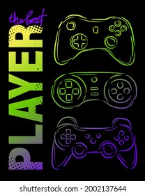 Illustration print for t-shirt with game joystick. Vector illustration