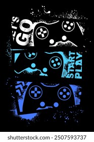 Illustration print for t-shirt with game joystick. Vector illustration for boys. Grunge gamer design