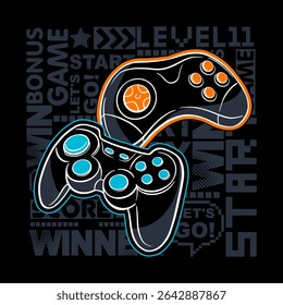 Illustration print for t-shirt with game joysticks. Vector illustration for boys. Grunge gamer design.