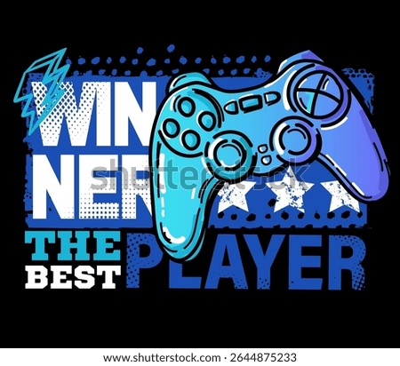 Illustration print for t-shirt with game joysticks. Vector illustration for boys. Grunge gamer design on white background