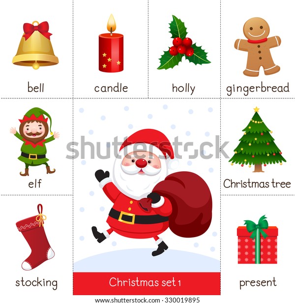 Illustration Printable Flash Card Christmas Set Stock Vector (Royalty