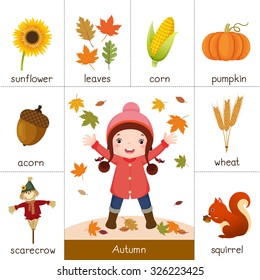 Illustration of printable flashcard for autumn and little girl playing with autumn leaves