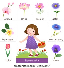 Illustration of printable flashcard for flowers and little girl picking flower