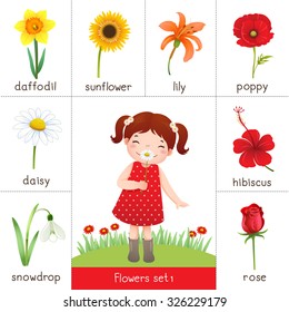 Illustration of printable flashcard for flowers and little girl smelling flower