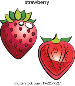 Illustration of a printed English alphabet card with the names of colored fruits and vegetables