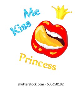 Illustration for prints on t-shirts, notepads, postcards. Red lips glossy with inscriptions and a gold crown. The teeth are white, tongue is Golden.