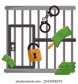 The illustration of a prison room with a pile of money and an open padlock depicts justice that can be bought with money.