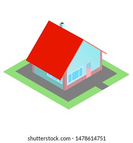 Illustration of a private house with a red roof and blue walls. Two windows and front door. Around the green area. Vector isometry with isolated background.