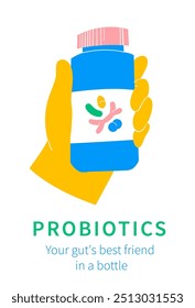 Illustration of probiotics and gut health. Hand holding Probiotic supplements bottle. Ideal for health and wellness topics, focusing on digestion and gut microbiome. Flat style vector poster