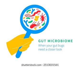 Ilustração de probióticos e saúde intestinal. Lupa mostrando bactérias patogênicas benéficas. Ideal para tópicos de saúde e bem-estar, com foco na digestão e microbioma intestinal. Vetor de estilo plano