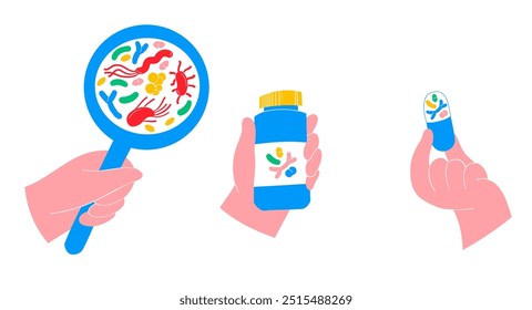 Ilustração de probióticos e saúde intestinal. Lupa mostrando bactérias, um frasco probiótico e uma cápsula. Ideal para tópicos de saúde e bem-estar, com foco em digestão e microbioma intestinal