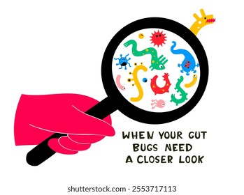 Illustration of probiotics and gut health. Magnifying glass showing beneficial, Pathogenic bacteria. Ideal for health and wellness topics, focusing on digestion and gut microbiome. Flat style vector