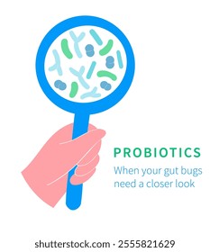 Illustration of probiotics and gut health. Magnifying glass showing beneficial bacteria. Ideal for health and wellness topics, focusing on digestion and gut microbiome. Flat style vector