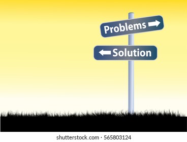 Illustration of problems and solution ahead road sign against yellow sky with copy space in grasslands