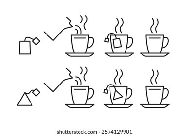 Illustration of the process of brewing tea with rectangular and pyramidal teabags in cups.