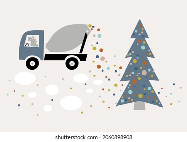 Illustration of the process of decoration Christmas tree by dinosaur on the concrete mixer