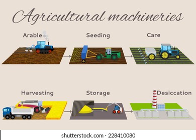 Illustration of the process of growing and harvesting crops. Infographics from 6 items: arable, seeding, care, harvesting, storege, desiccation.