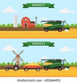 Illustration of the process of  harvesting crops. Equipment for agriculture. Farm, combine harvester, tractor.Harvesting wheat. Vector illustration flat
