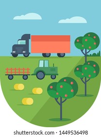 Illustration of the process of harvesting crops. Tractor with trolley full of hay on rural landscape background with the Truck