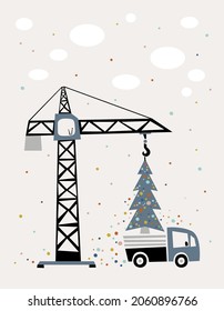 Illustration of the process of transportation Christmas tree at the construction site