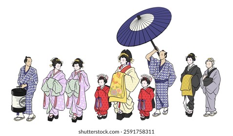 Illustration of a procession of Japanese courtesans in the Edo period.This procession was called 'Oiran-dochu'.