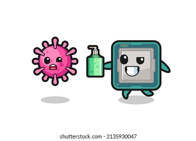 illustration of processor character chasing evil virus with hand sanitizer , cute style design for t shirt, sticker, logo element