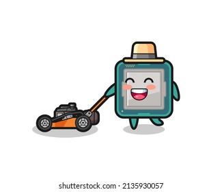 illustration of the processor character using lawn mower , cute style design for t shirt, sticker, logo element