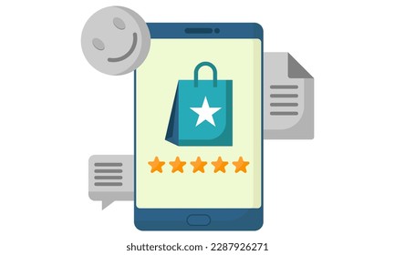 illustration of product rating on smartphone device, good feedback, shopping bag