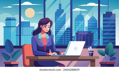 Illustration a professional businesswoman in a stylish office, working on a laptop at her desk with cityscape views through the windows