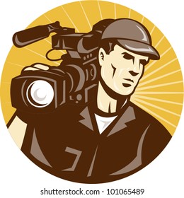 Illustration of a professional cameraman film crew with video movie camera camcorder viewed from front set inside circle with sunburst done in retro style.