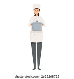 Illustration of a professional female chef in uniform holding a large pot