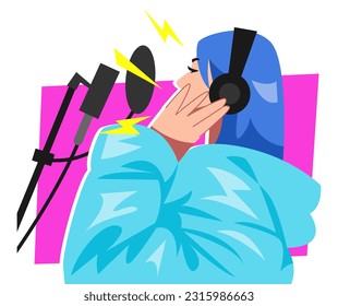 illustration of a professional female singer using headphones composing a new song with a microphone while recording in a music studio. colored cartoon flat vector illustration.