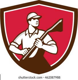 Illustration of a professional male carpet cleaner worker holding vacuum cleaner looking to the side viewed from front set inside shield crest on isolated background done in retro style.