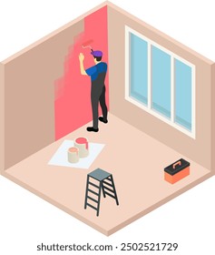 Illustration of professional painter at work. Painter man in uniform holding paint roller. painter painting an empty house..